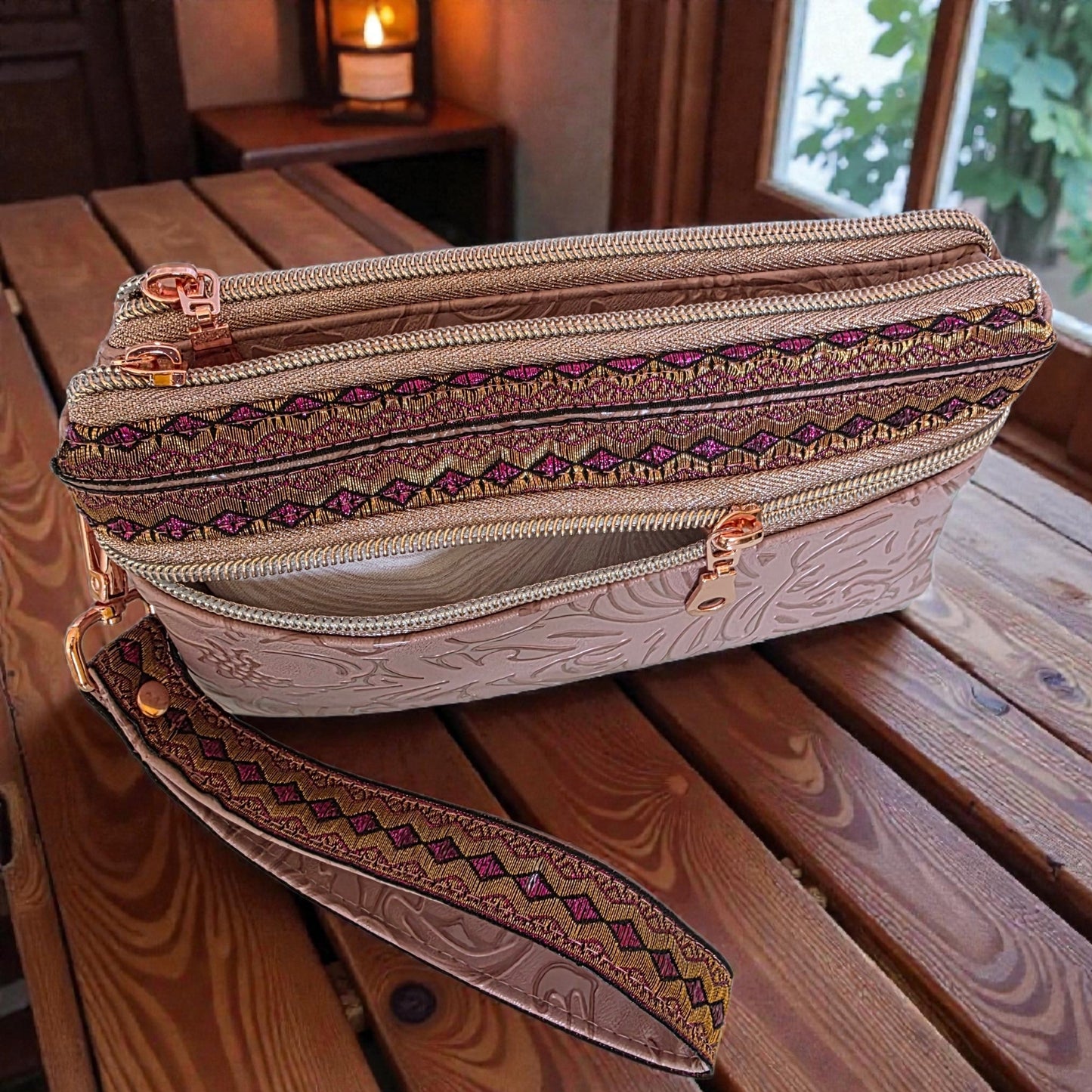 Triple Zipper Wristlet Bag