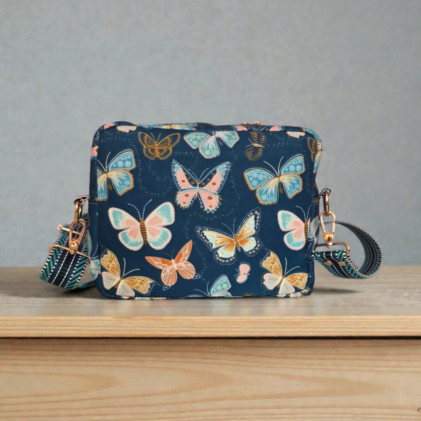 Butterfly Print Crossbody Bag: Waterproof Canvas with Rose Gold Hardware