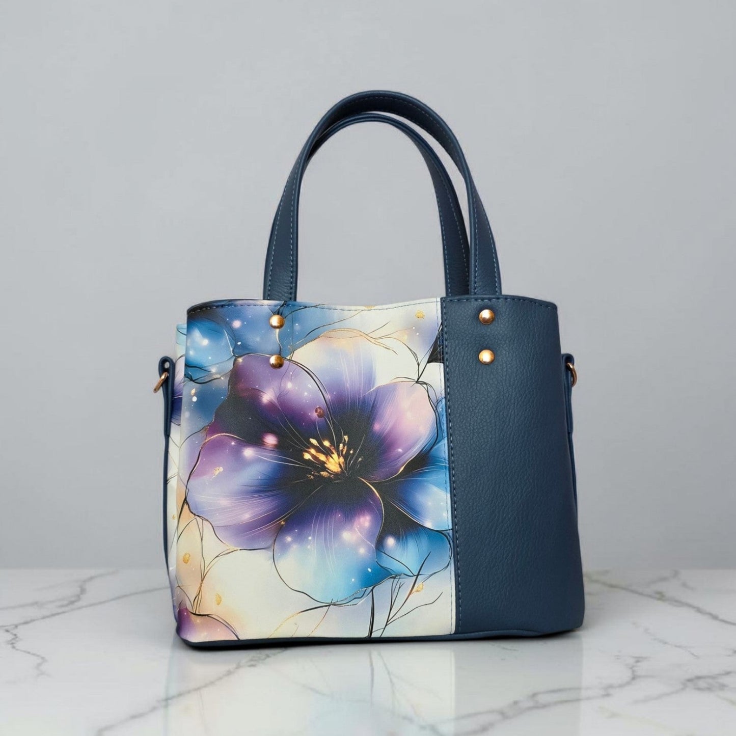 Blueberry Floral Faux Leather Handbag, Rose Gold Hardware, Zippered Compartment