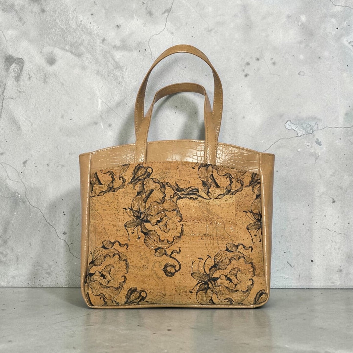 Black Floral Cork Tote Bag, Beige Vinyl Accents, Gold Hardware, Work Travel Bag