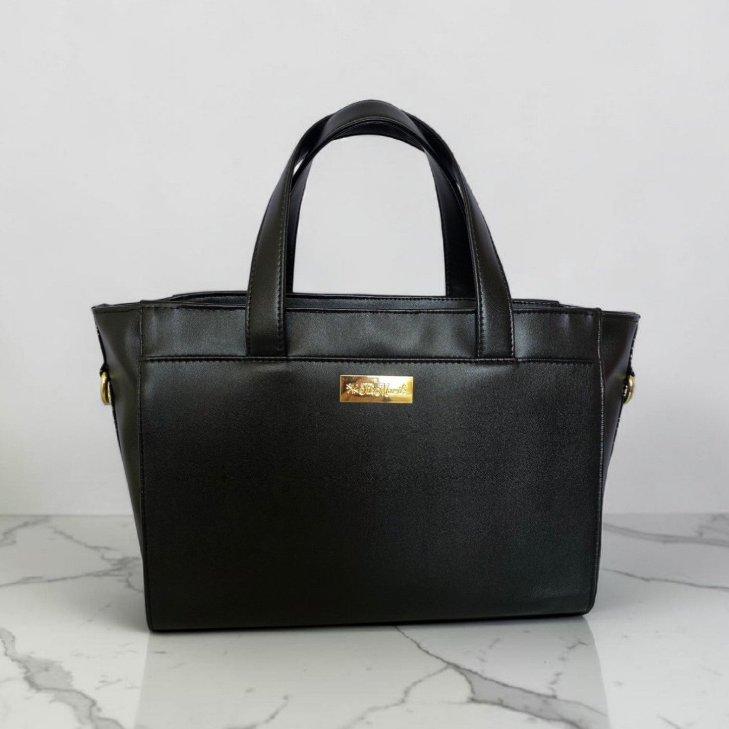 Structured Black Faux Leather Bag, Gold Floral Accent, Press Lock Hardware