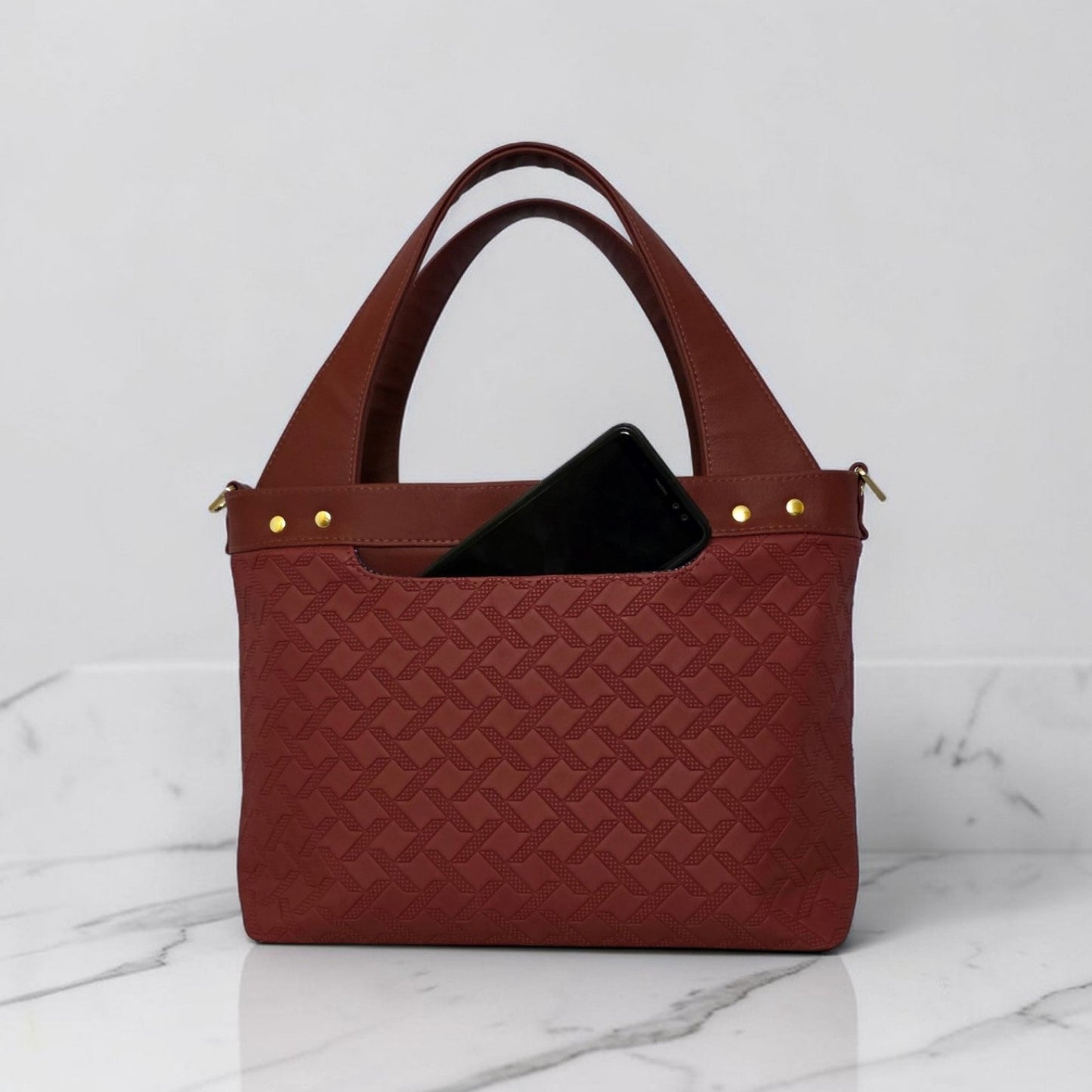 Burgundy Quilted Faux Leather Tote Bag, Gold Hardware, Medium Work Bag