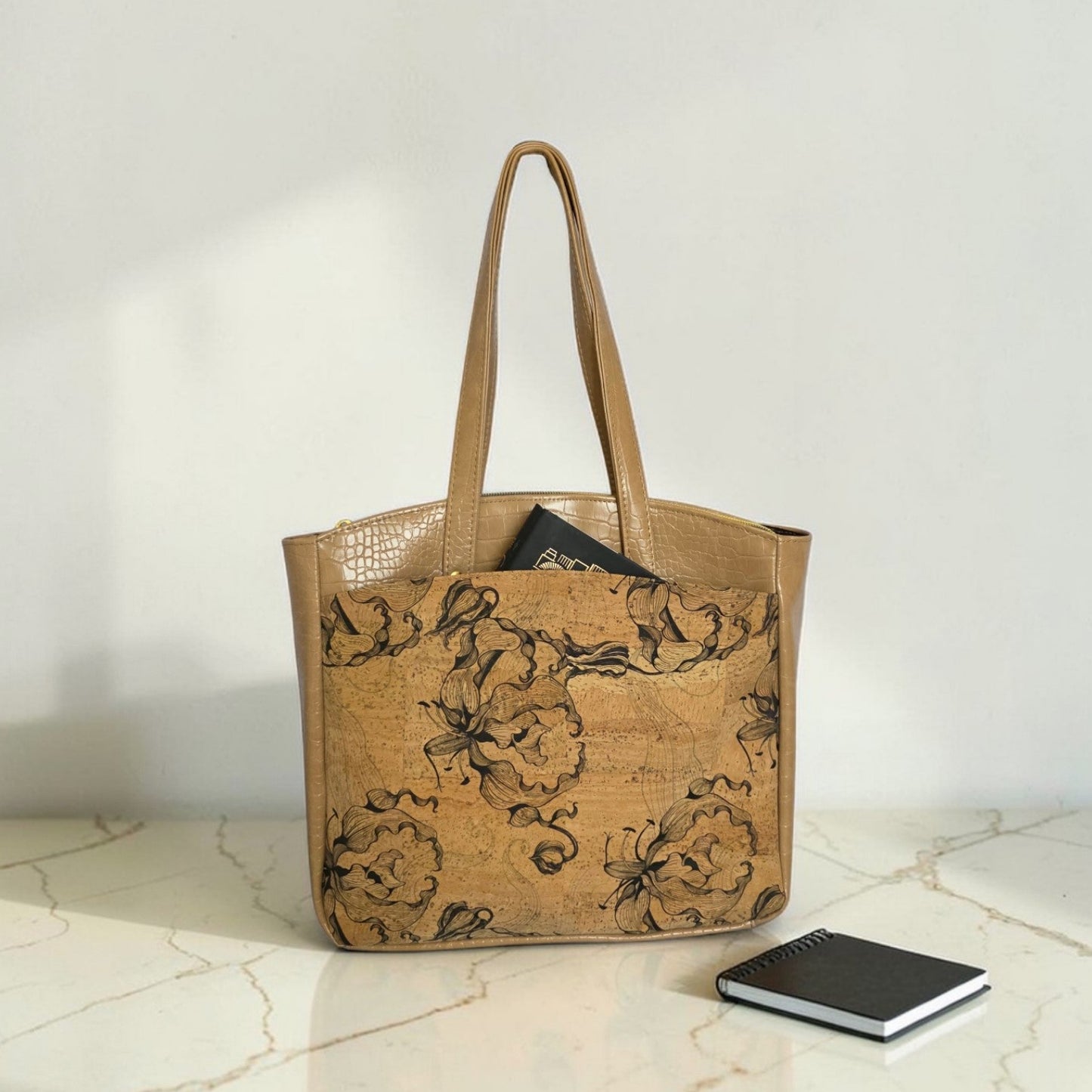 Black Floral Cork Tote Bag, Beige Vinyl Accents, Gold Hardware, Work Travel Bag