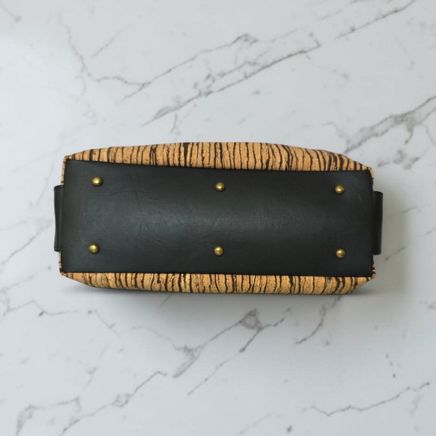 Slouchy Cork Bag with Black Faux Leather, Divided Compartment, Antique Brass Hardware
