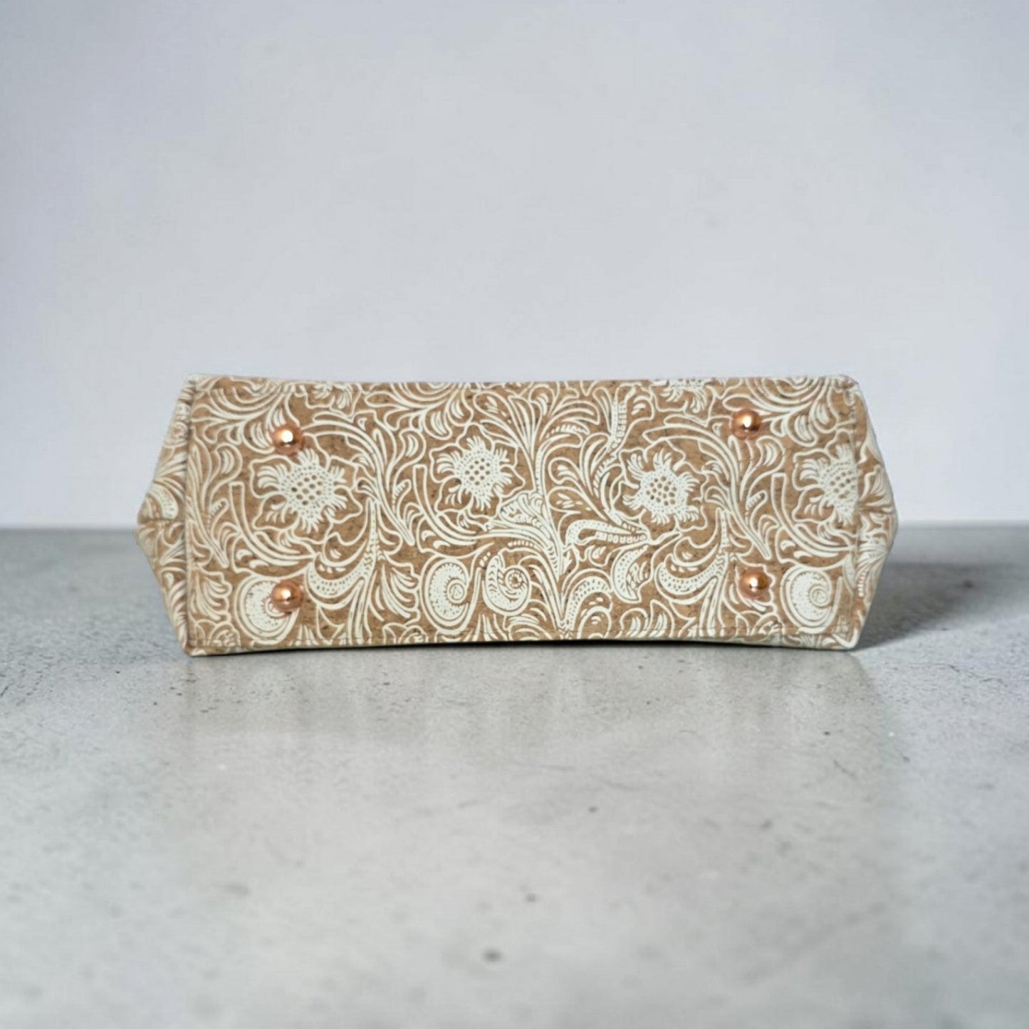 White Patterned Cork Fabric handbag, rose gold hardware.