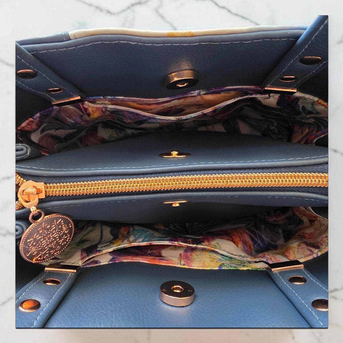 Blueberry Floral Faux Leather Handbag, Rose Gold Hardware, Zippered Compartment