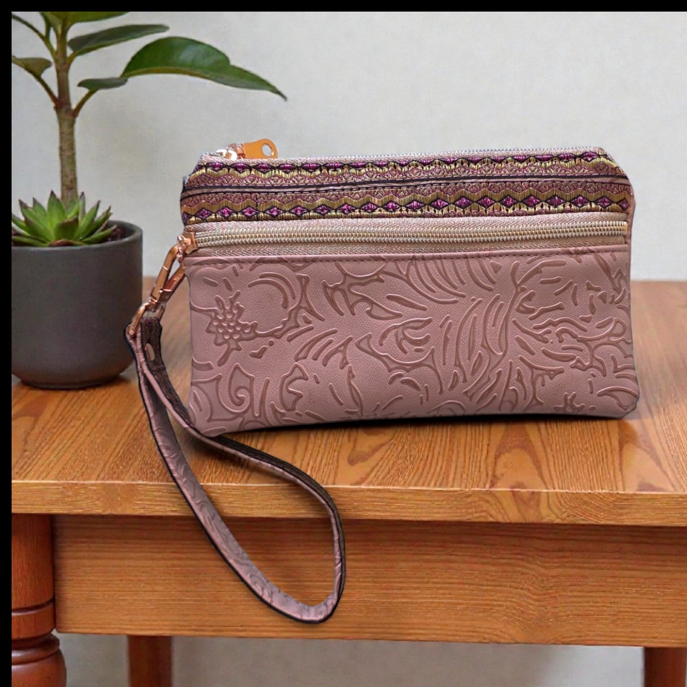 Triple Zipper Wristlet Bag