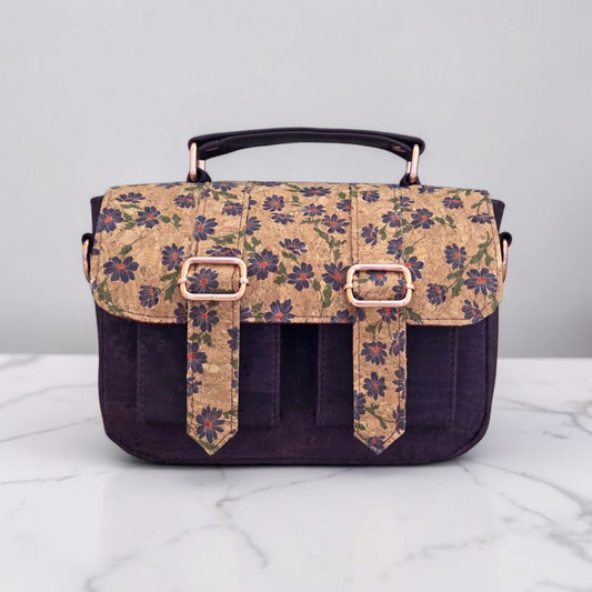 Eggplant color with accent purple flower cork fabric, rose gold hardware, minimalist  bag.
