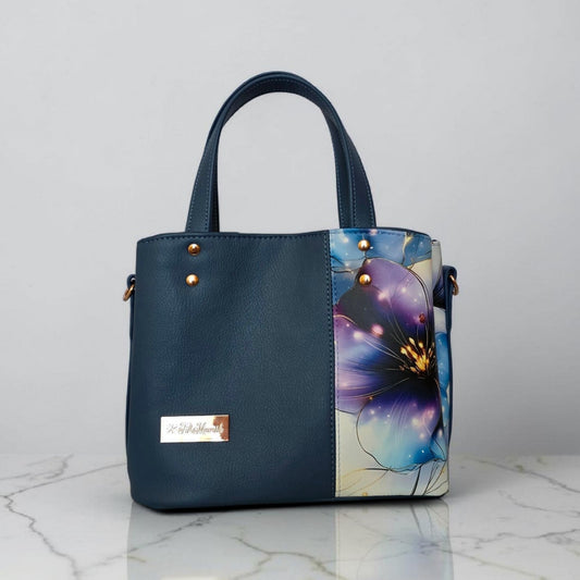 Blueberry Floral Faux Leather Handbag, Rose Gold Hardware, Zippered Compartment