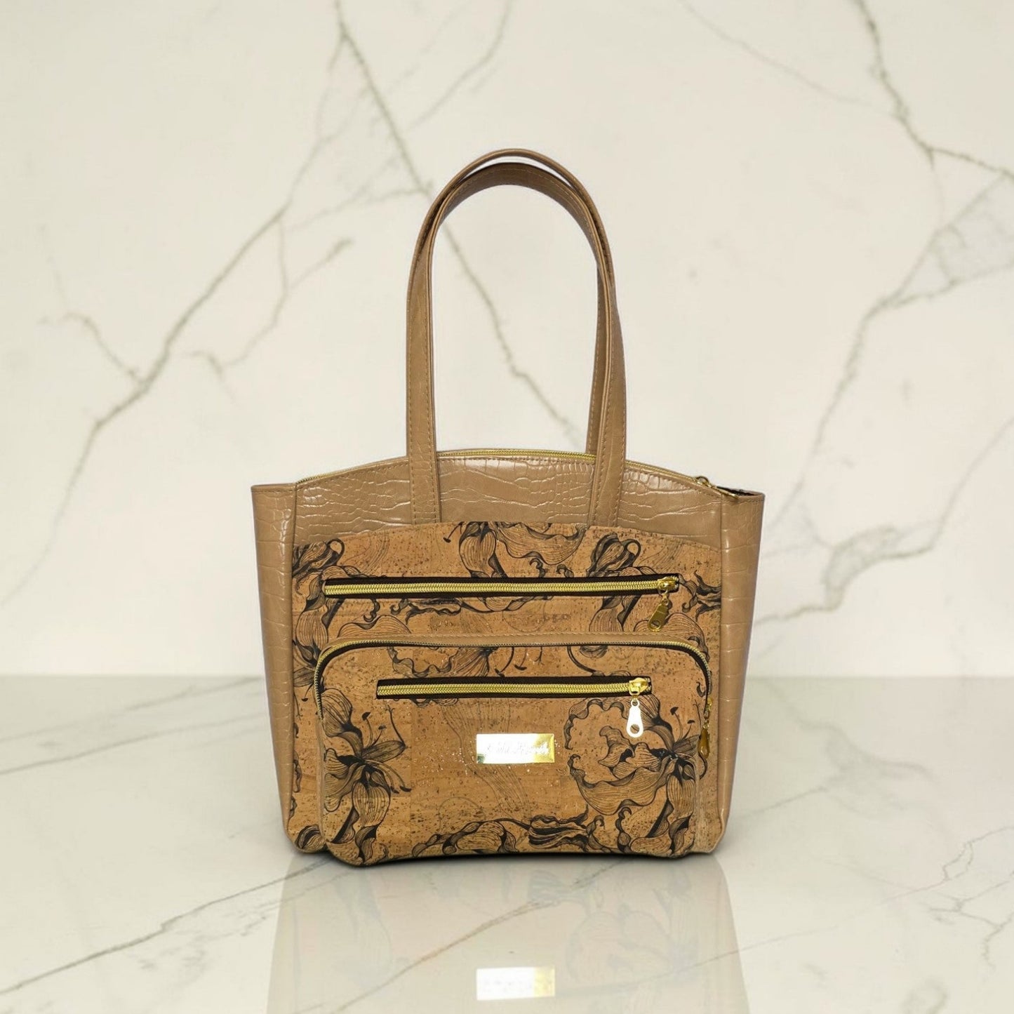 Black Floral Cork Tote Bag, Beige Vinyl Accents, Gold Hardware, Work Travel Bag