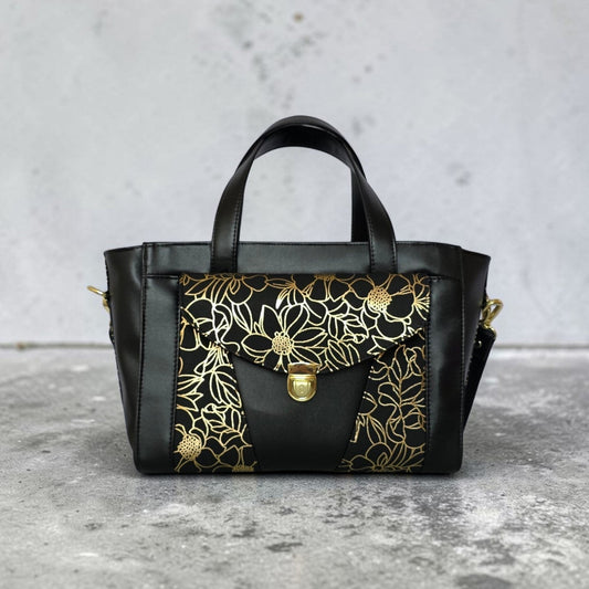 Structured Black Faux Leather Bag, Gold Floral Accent, Press Lock Hardware
