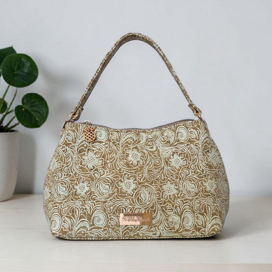 White Patterned Cork Fabric handbag, rose gold hardware.