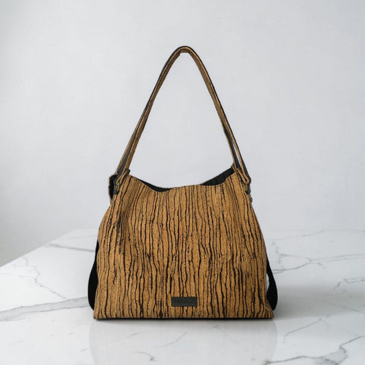 Slouchy Cork Bag with Black Faux Leather, Divided Compartment, Antique Brass Hardware