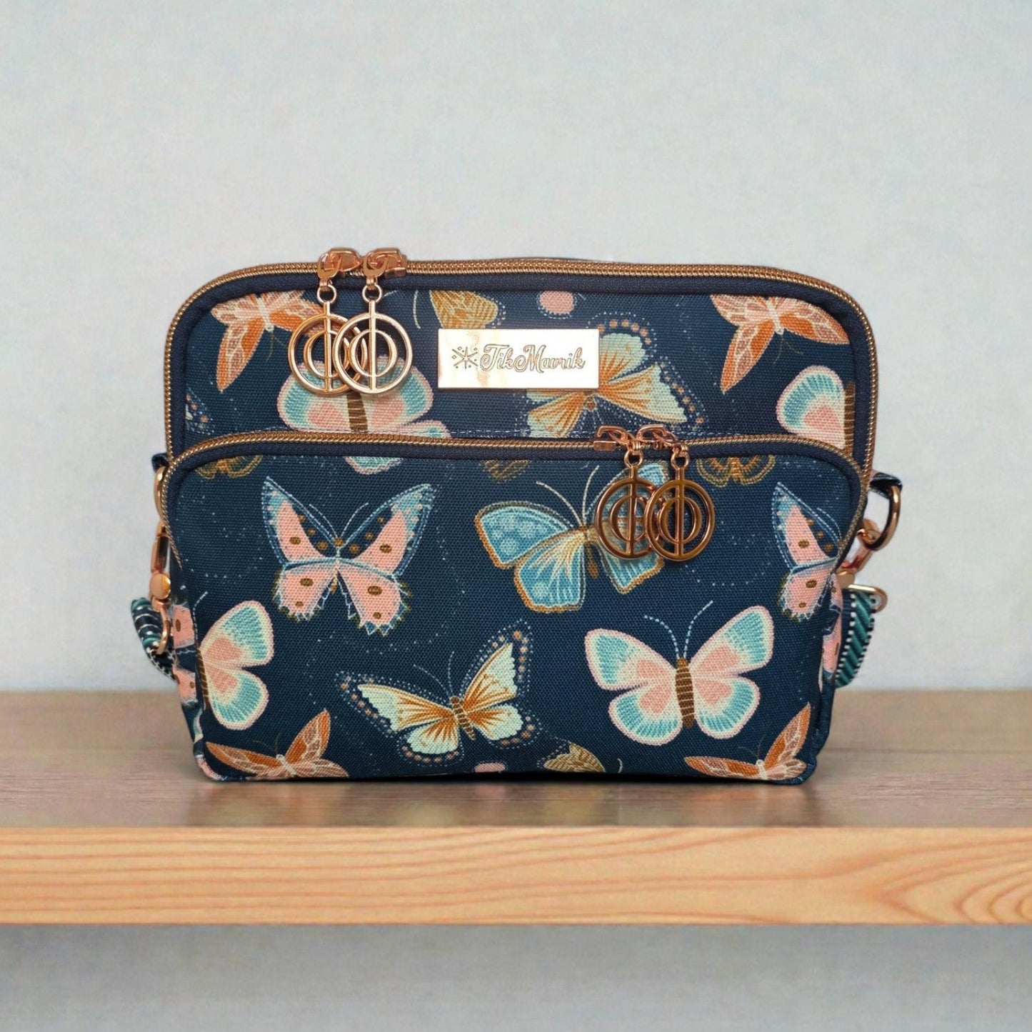 Butterfly Print Crossbody Bag: Waterproof Canvas with Rose Gold Hardware