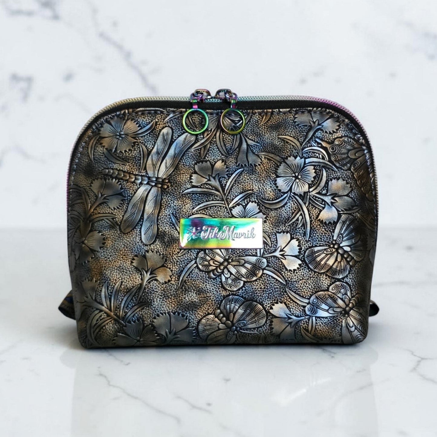 Caterpillar Faux Leather, waterproof lining, rainbow hardware cosmetic bag