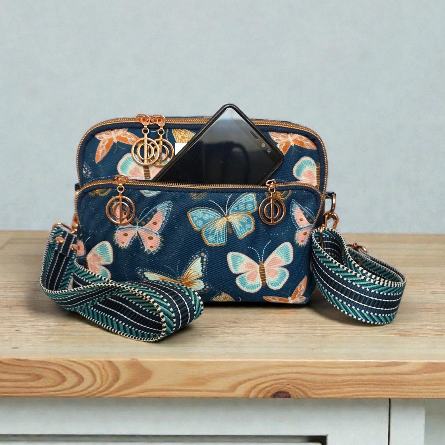 Butterfly Print Crossbody Bag: Waterproof Canvas with Rose Gold Hardware