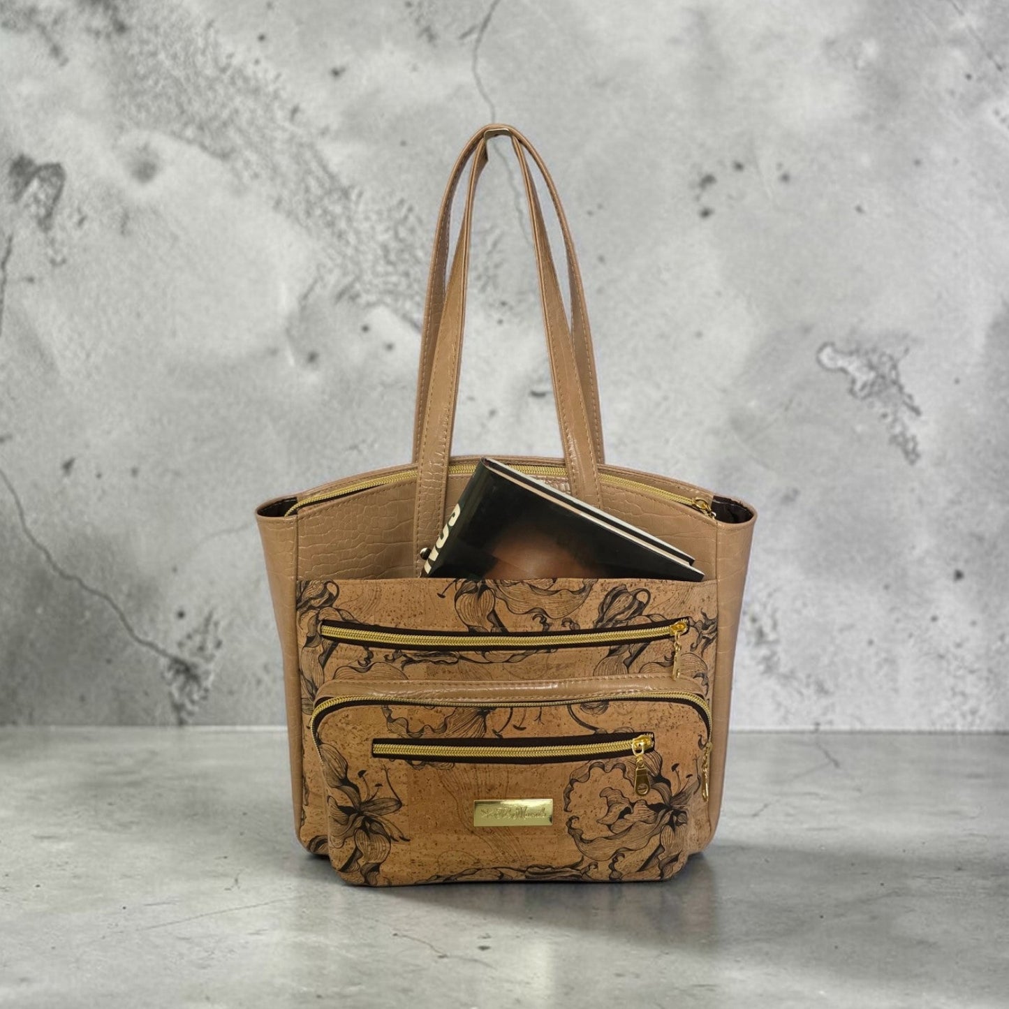 Black Floral Cork Tote Bag, Beige Vinyl Accents, Gold Hardware, Work Travel Bag