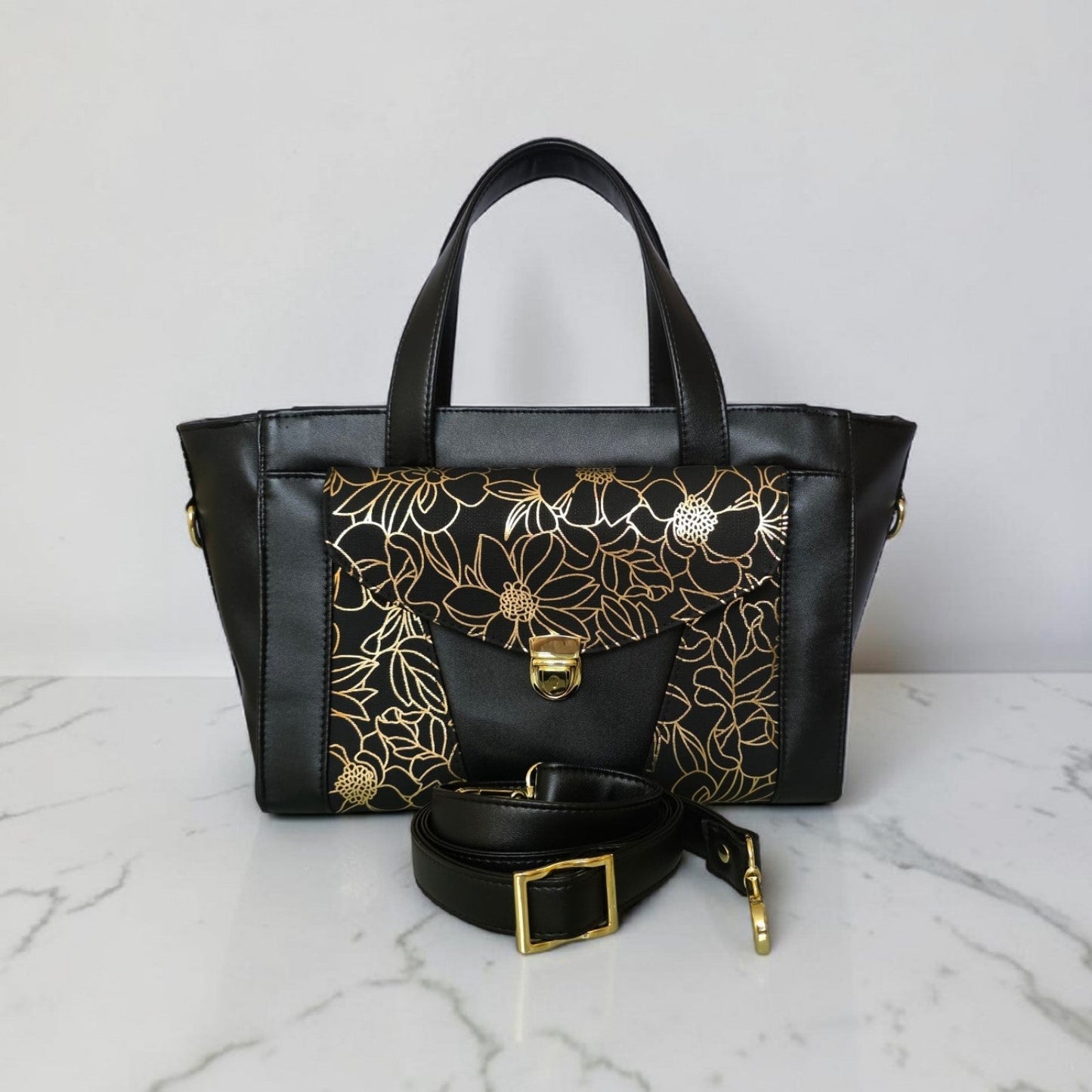 Structured Black Faux Leather Bag, Gold Floral Accent, Press Lock Hardware