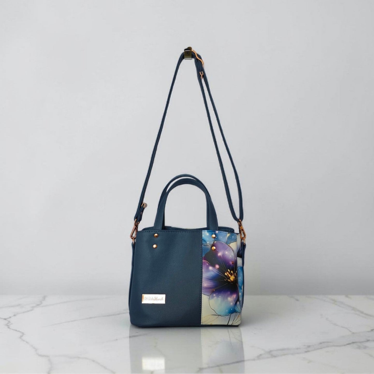 Blueberry Floral Faux Leather Handbag, Rose Gold Hardware, Zippered Compartment