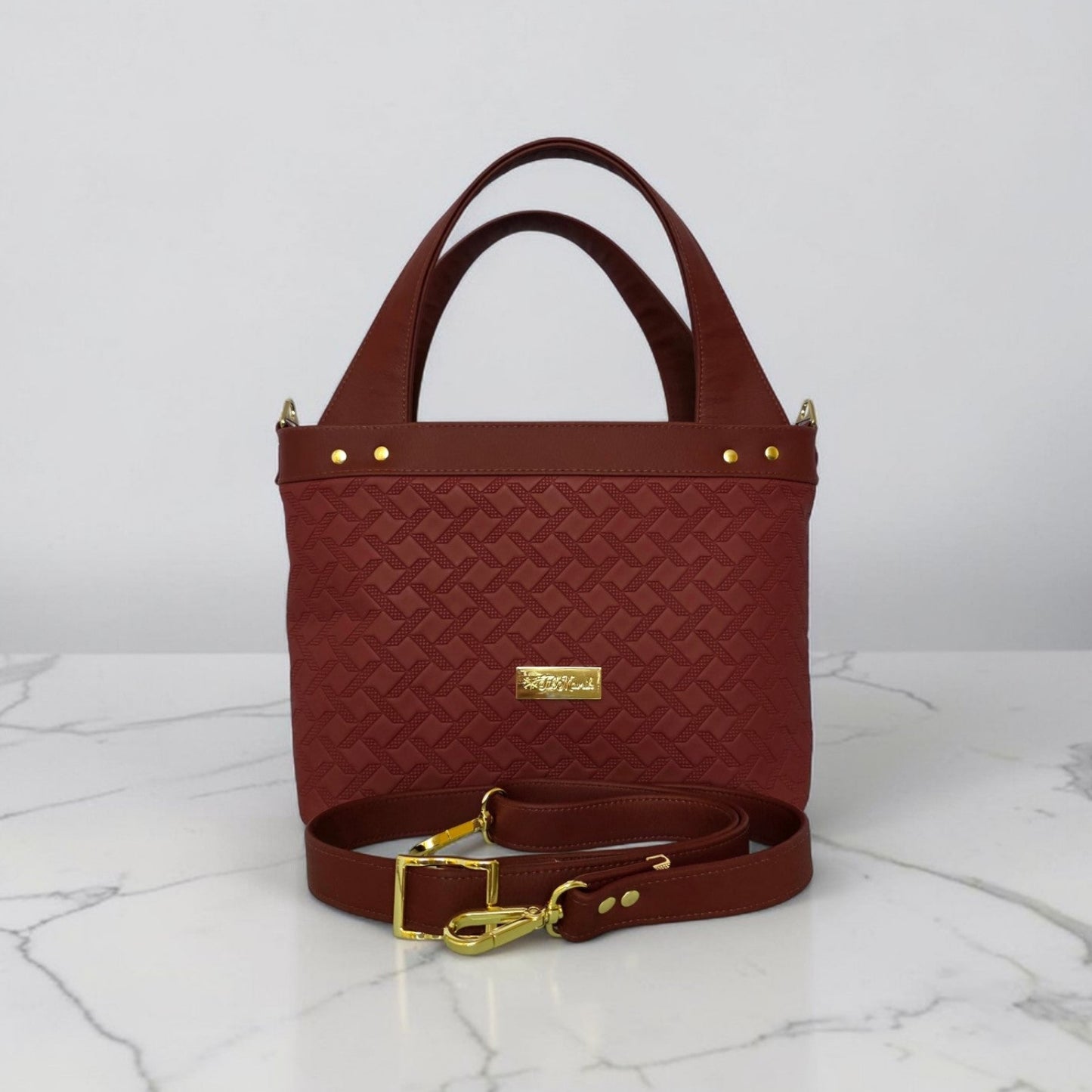 Burgundy Quilted Faux Leather Tote Bag, Gold Hardware, Medium Work Bag