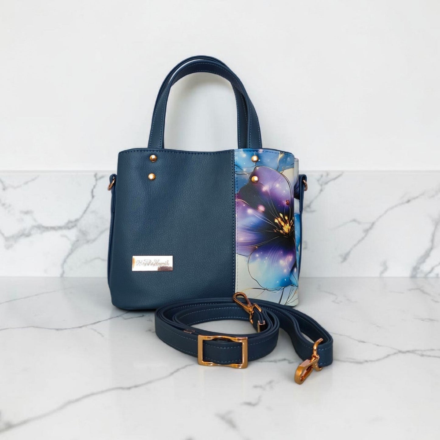 Blueberry Floral Faux Leather Handbag, Rose Gold Hardware, Zippered Compartment