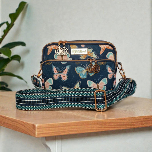 Butterfly Print Crossbody Bag: Waterproof Canvas with Rose Gold Hardware