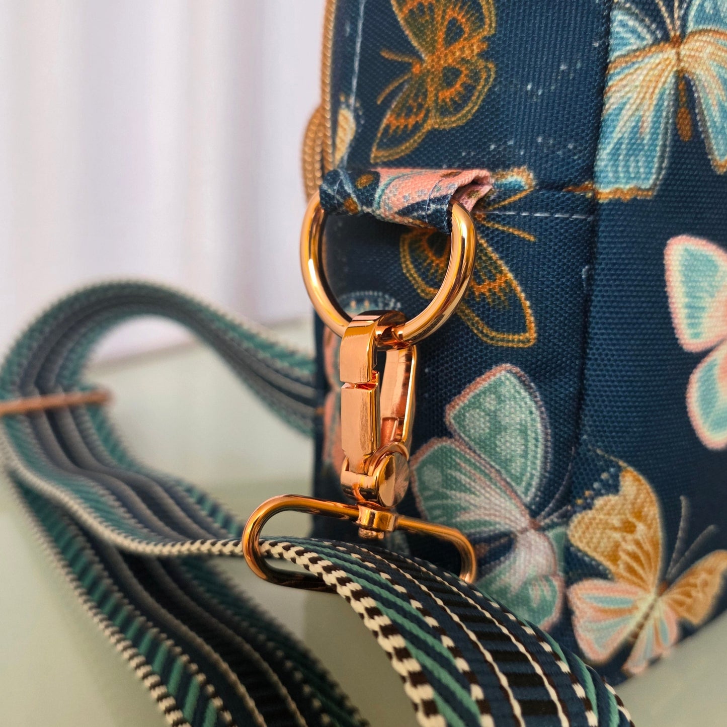Butterfly Print Crossbody Bag: Waterproof Canvas with Rose Gold Hardware