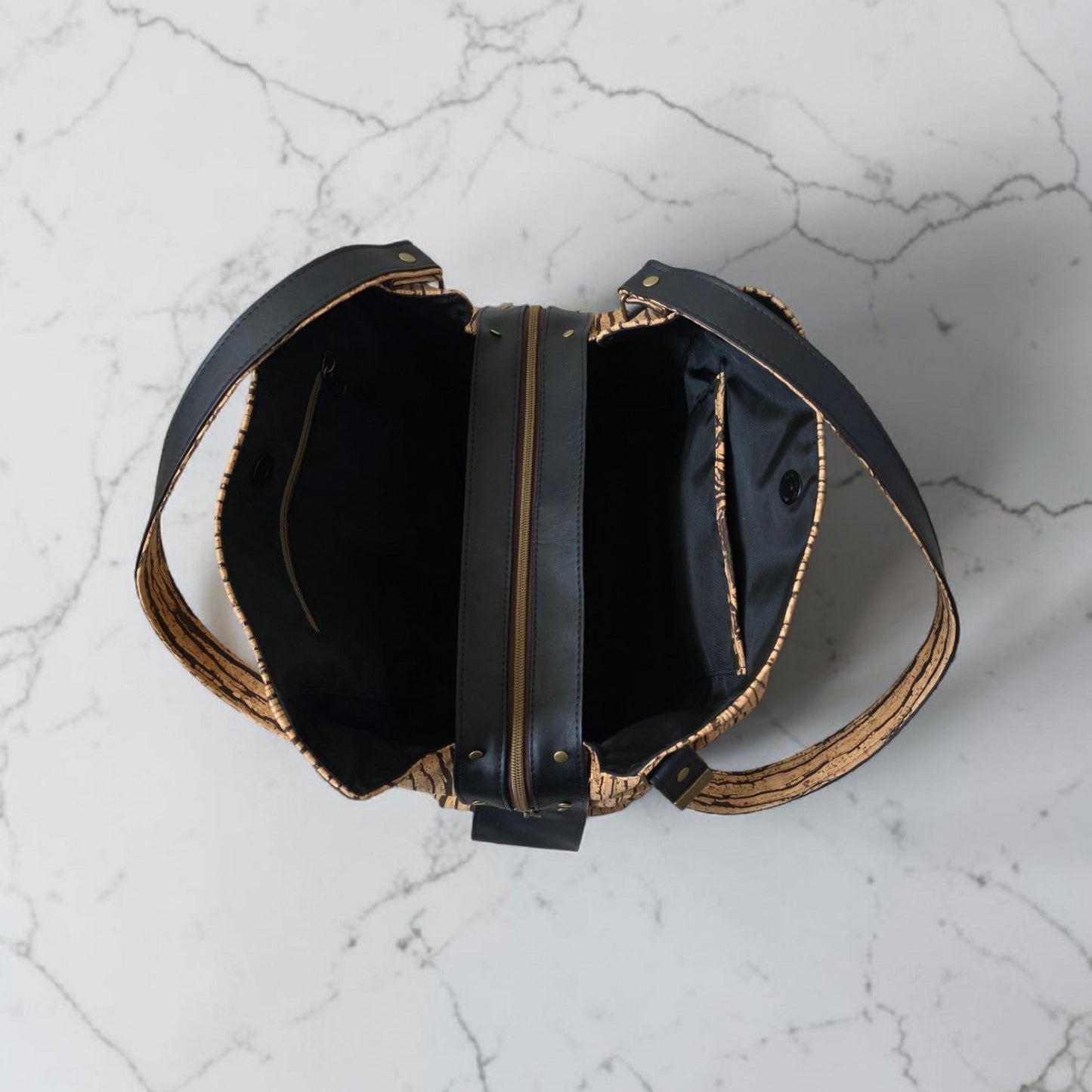 Slouchy Cork Bag with Black Faux Leather, Divided Compartment, Antique Brass Hardware