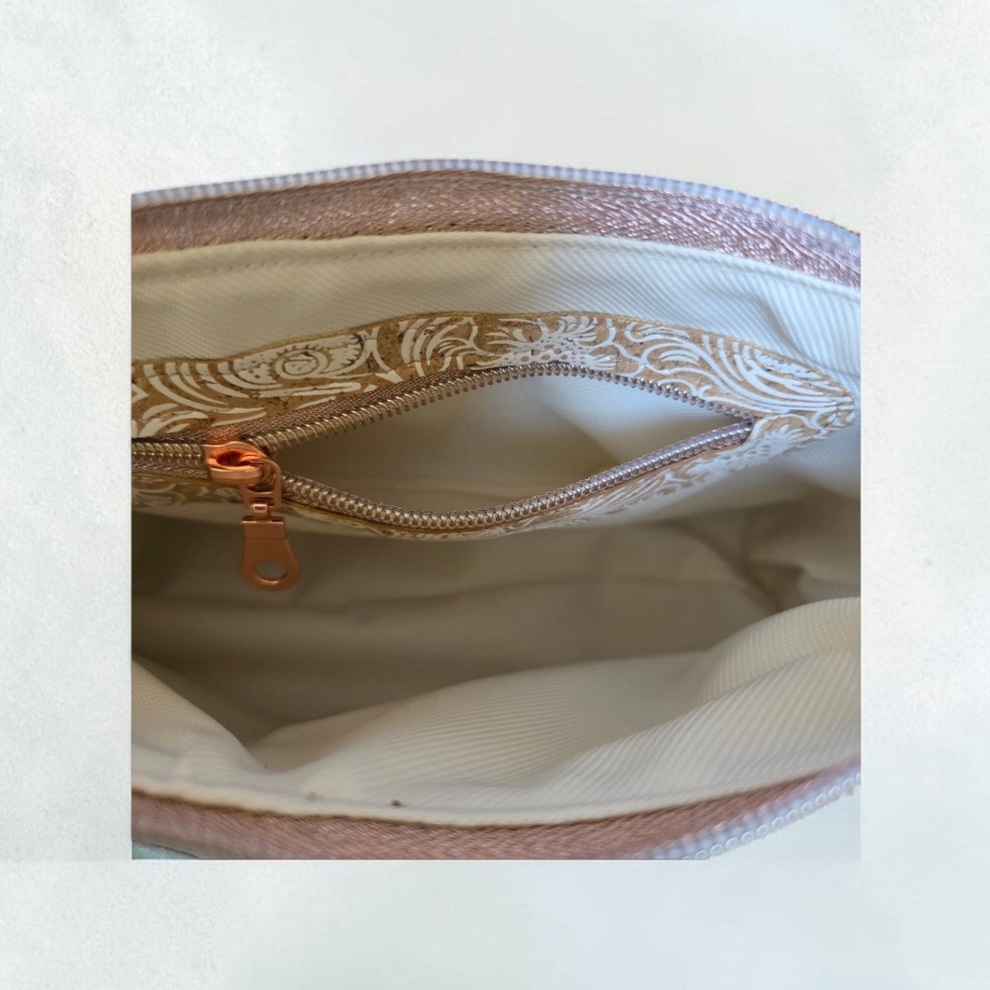 White Patterned Cork Fabric handbag, rose gold hardware.