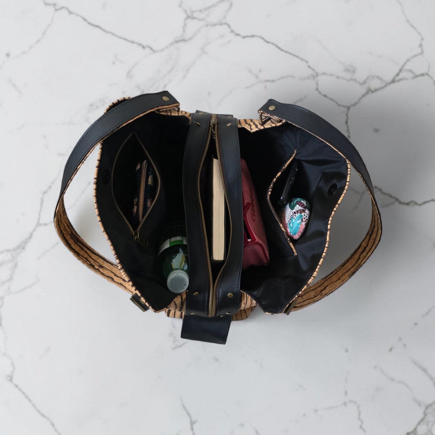 Slouchy Cork Bag with Black Faux Leather, Divided Compartment, Antique Brass Hardware