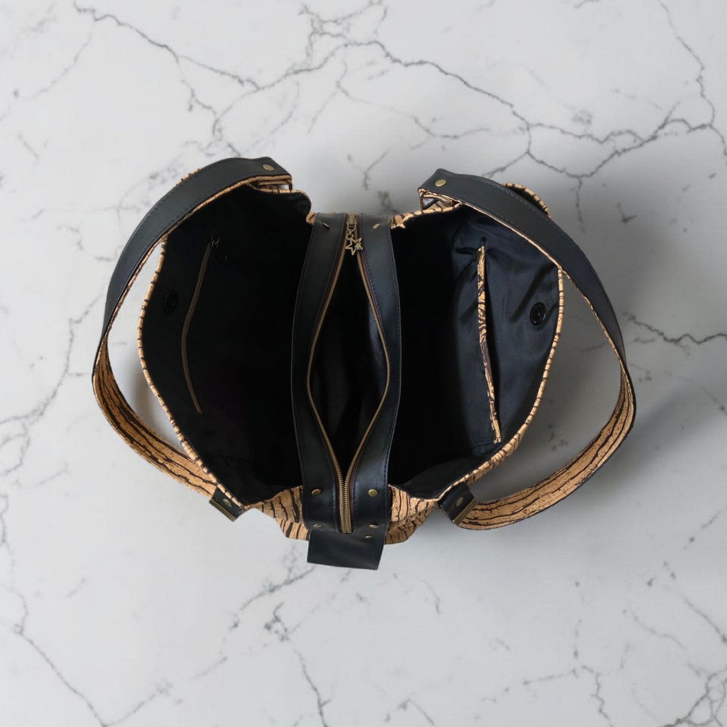 Slouchy Cork Bag with Black Faux Leather, Divided Compartment, Antique Brass Hardware