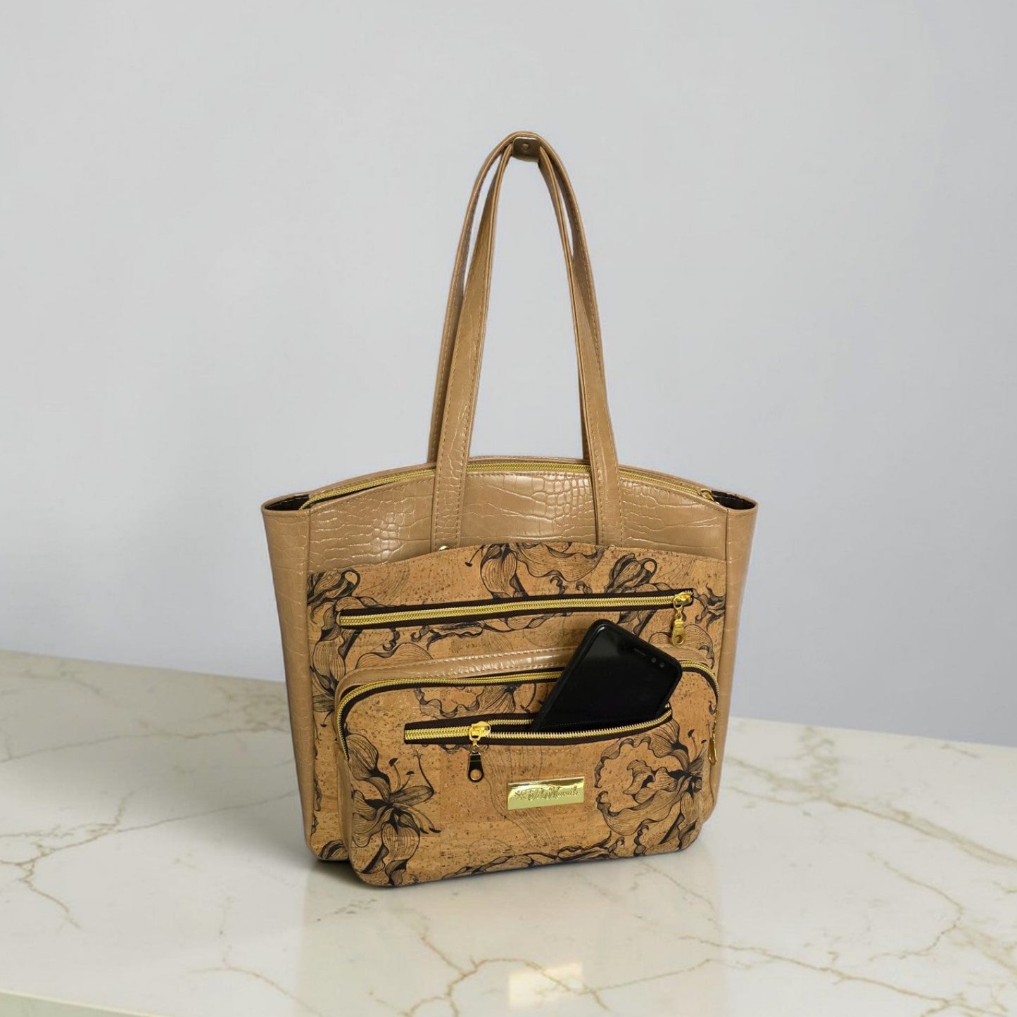 Black Floral Cork Tote Bag, Beige Vinyl Accents, Gold Hardware, Work Travel Bag