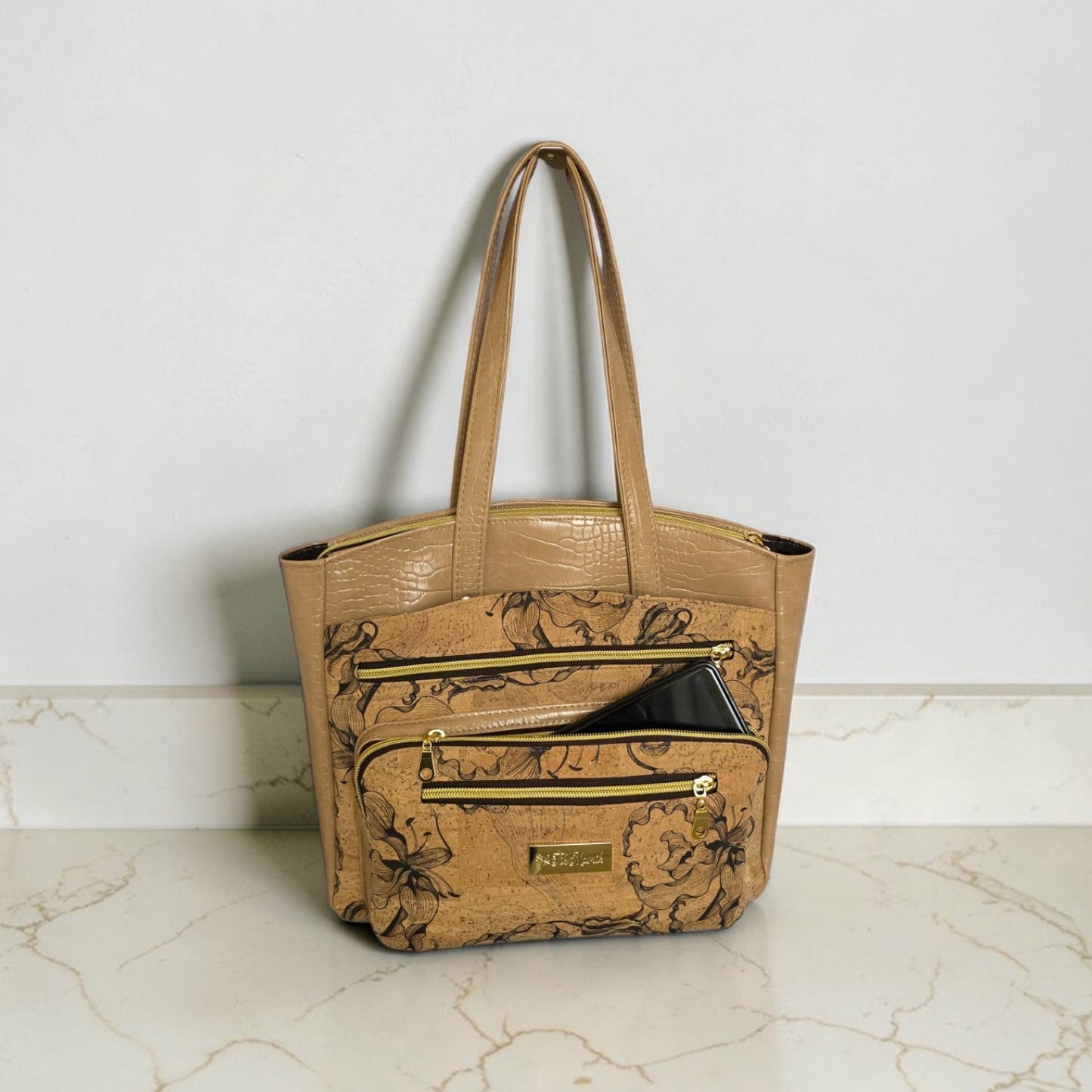 Black Floral Cork Tote Bag, Beige Vinyl Accents, Gold Hardware, Work Travel Bag