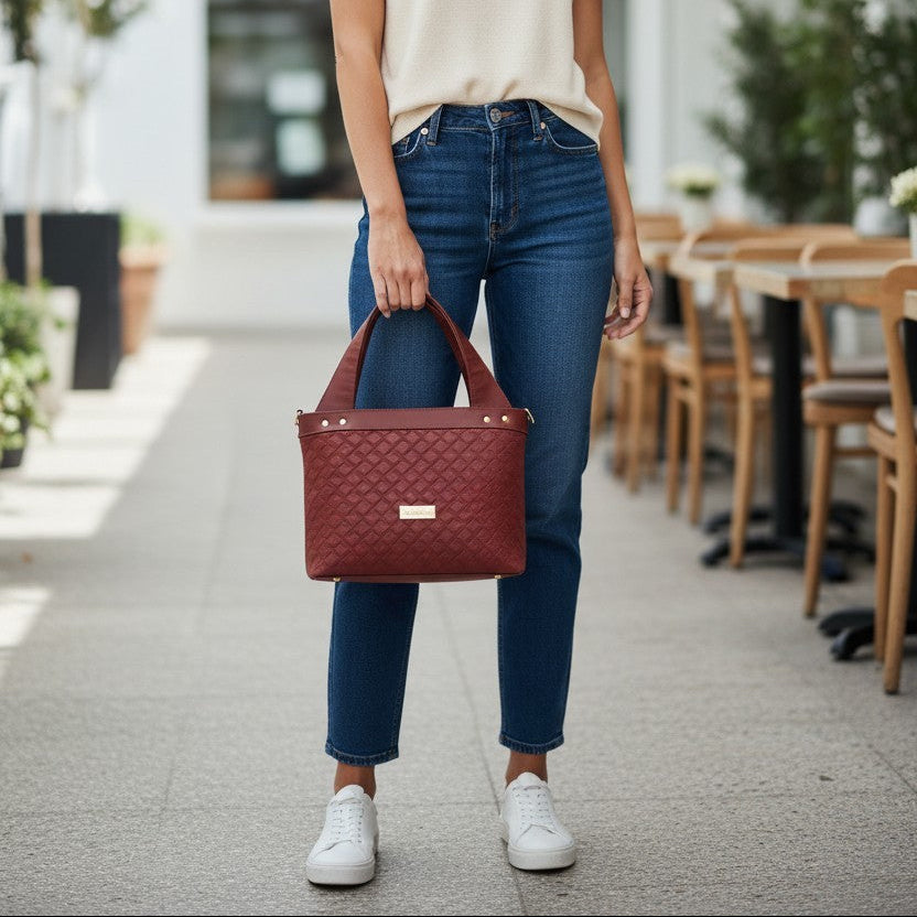 Burgundy Quilted Faux Leather Tote Bag, Gold Hardware, Medium Work Bag