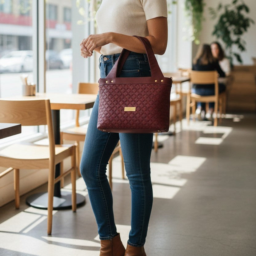 Burgundy Quilted Faux Leather Tote Bag, Gold Hardware, Medium Work Bag