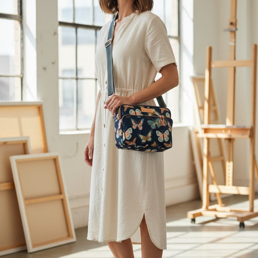 Butterfly Print Crossbody Bag: Waterproof Canvas with Rose Gold Hardware