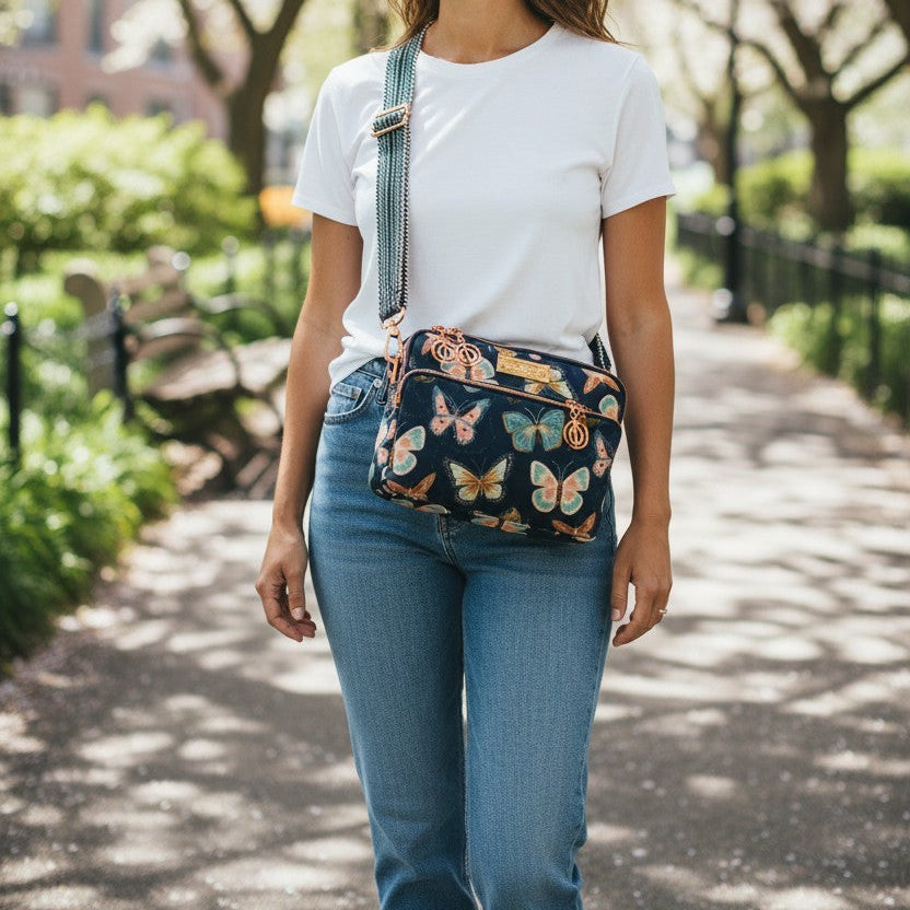 Butterfly Print Crossbody Bag: Waterproof Canvas with Rose Gold Hardware