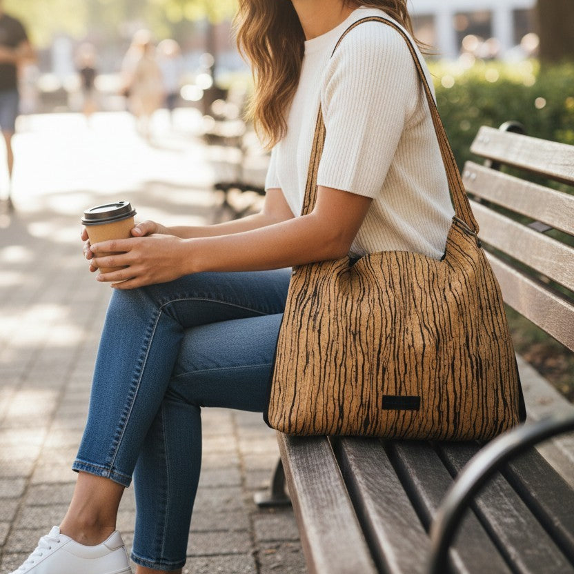 Slouchy Cork Bag with Black Faux Leather, Divided Compartment, Antique Brass Hardware