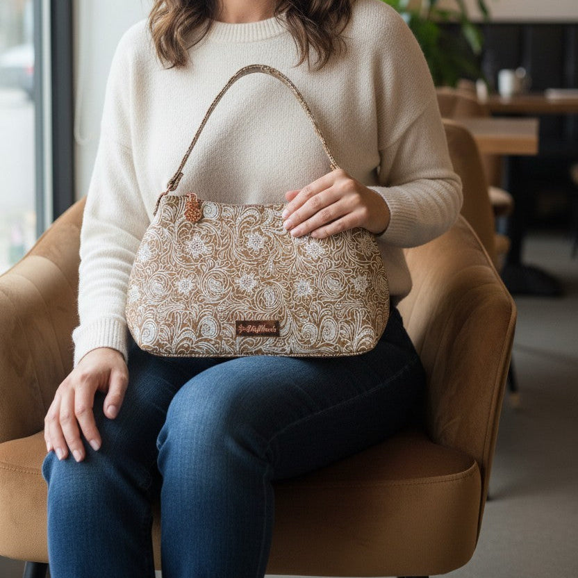 White Patterned Cork Fabric handbag, rose gold hardware.