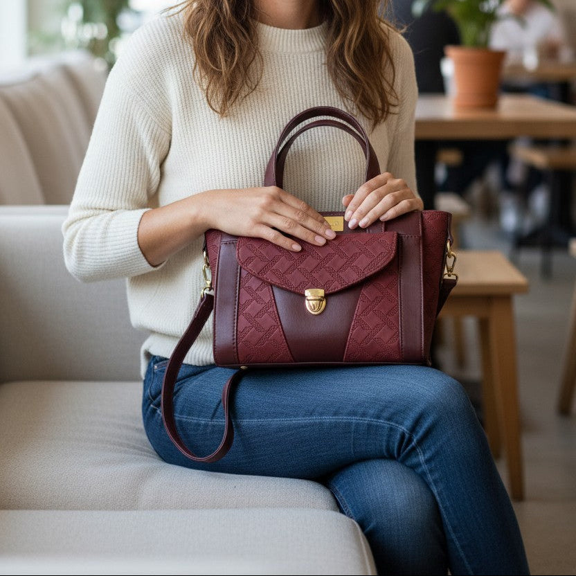 Burgundy quilted faux leather with gold hardware mini bag