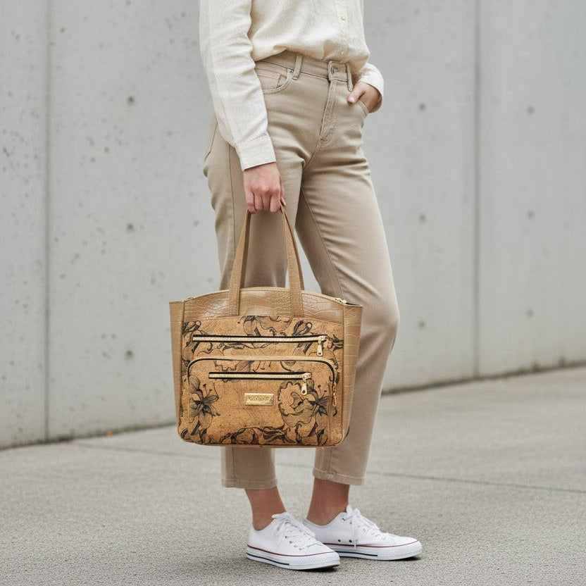 Black Floral Cork Tote Bag, Beige Vinyl Accents, Gold Hardware, Work Travel Bag