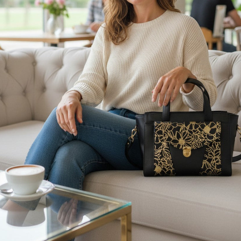 Structured Black Faux Leather Bag, Gold Floral Accent, Press Lock Hardware