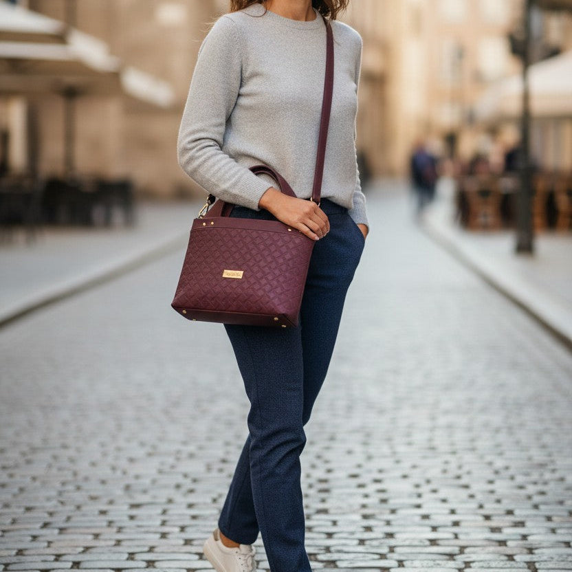 Burgundy Quilted Faux Leather Tote Bag, Gold Hardware, Medium Work Bag