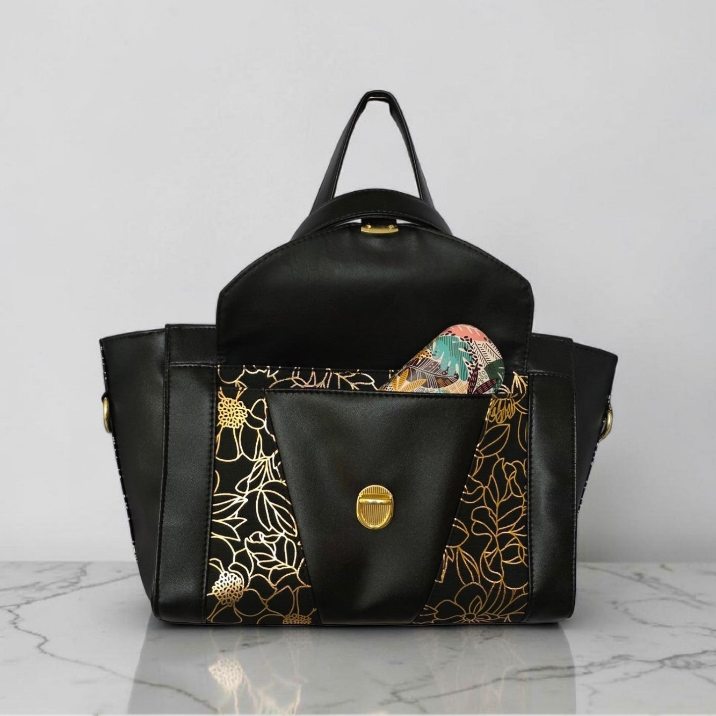 Structured Black Faux Leather Bag, Gold Floral Accent, Press Lock Hardware