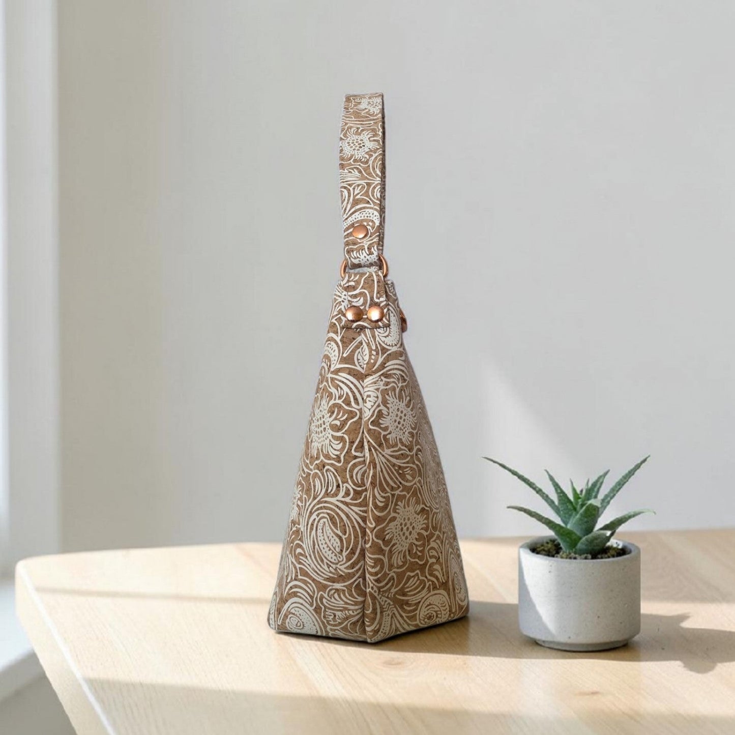 White Patterned Cork Fabric handbag, rose gold hardware.