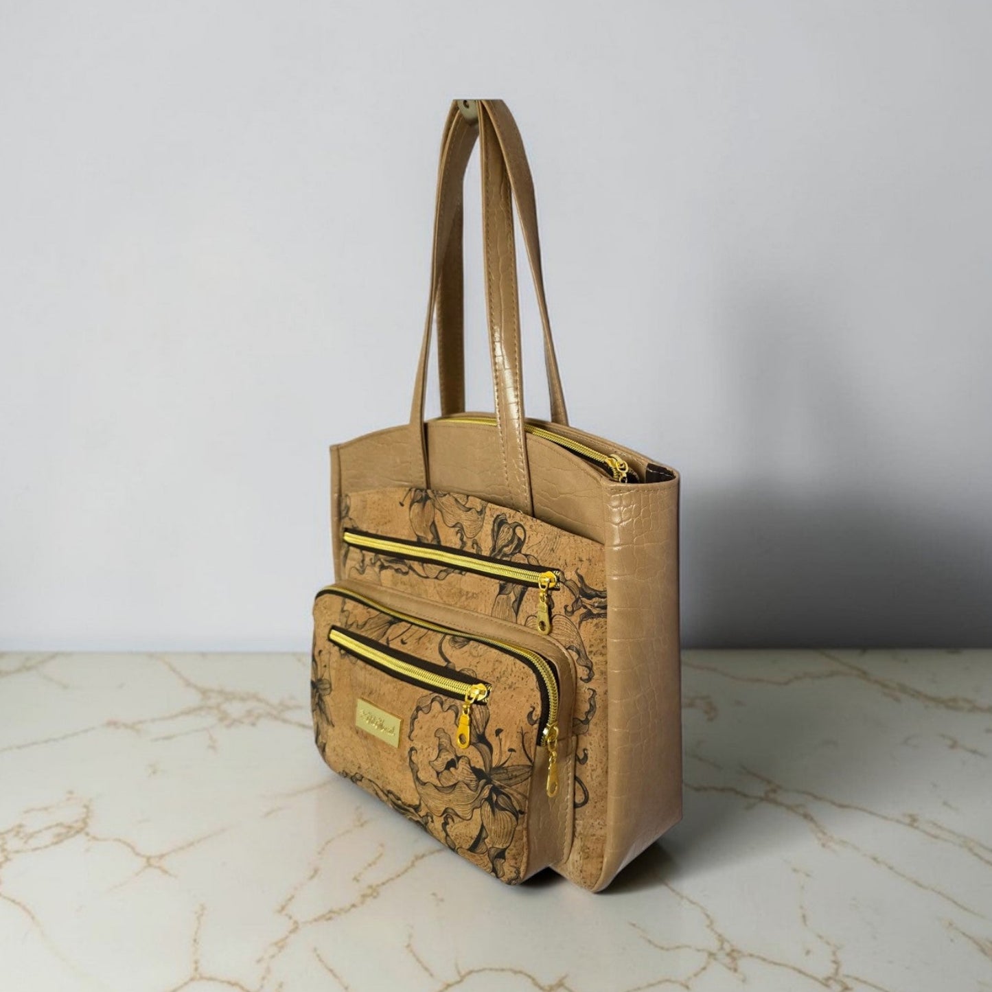 Black Floral Cork Tote Bag, Beige Vinyl Accents, Gold Hardware, Work Travel Bag