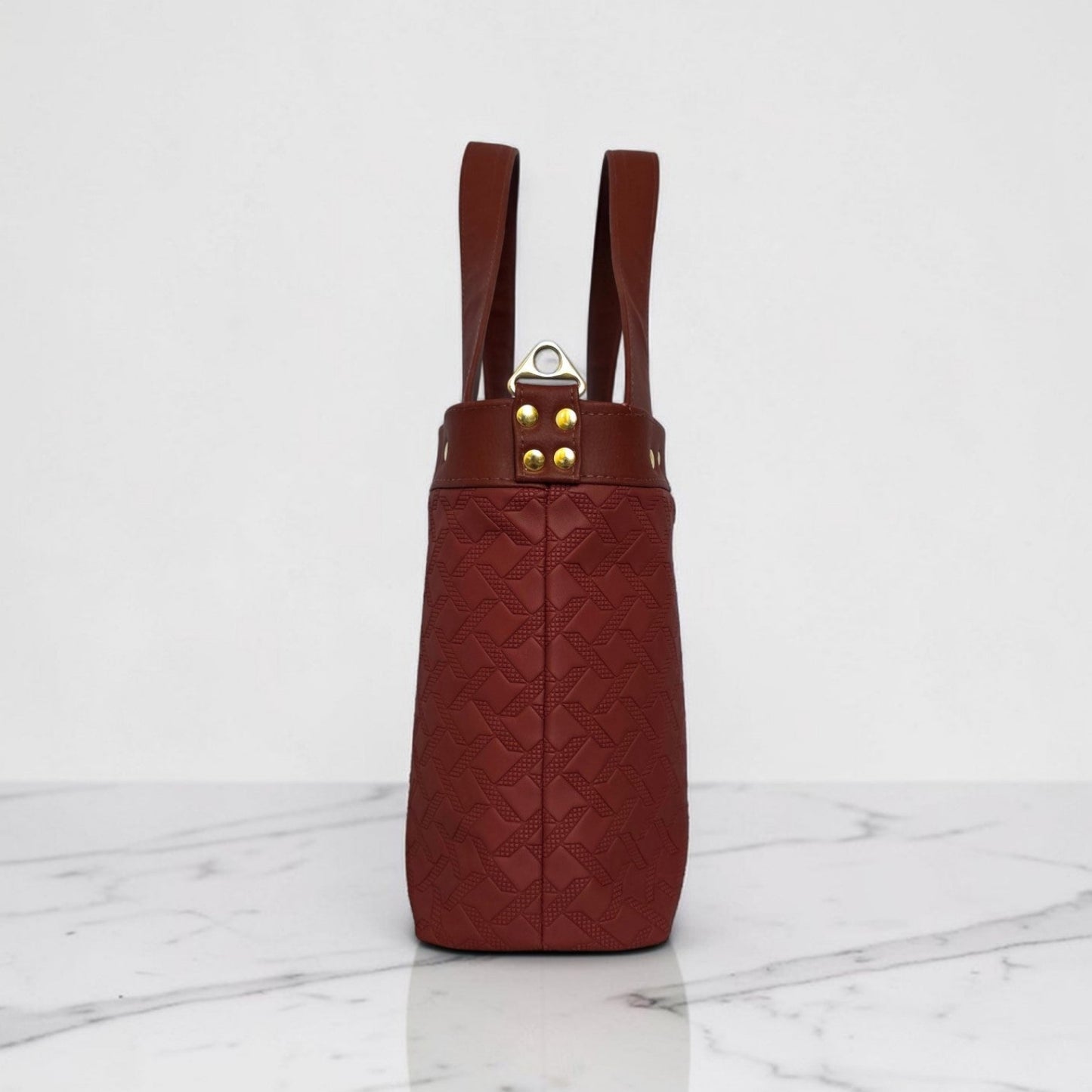 Burgundy Quilted Faux Leather Tote Bag, Gold Hardware, Medium Work Bag