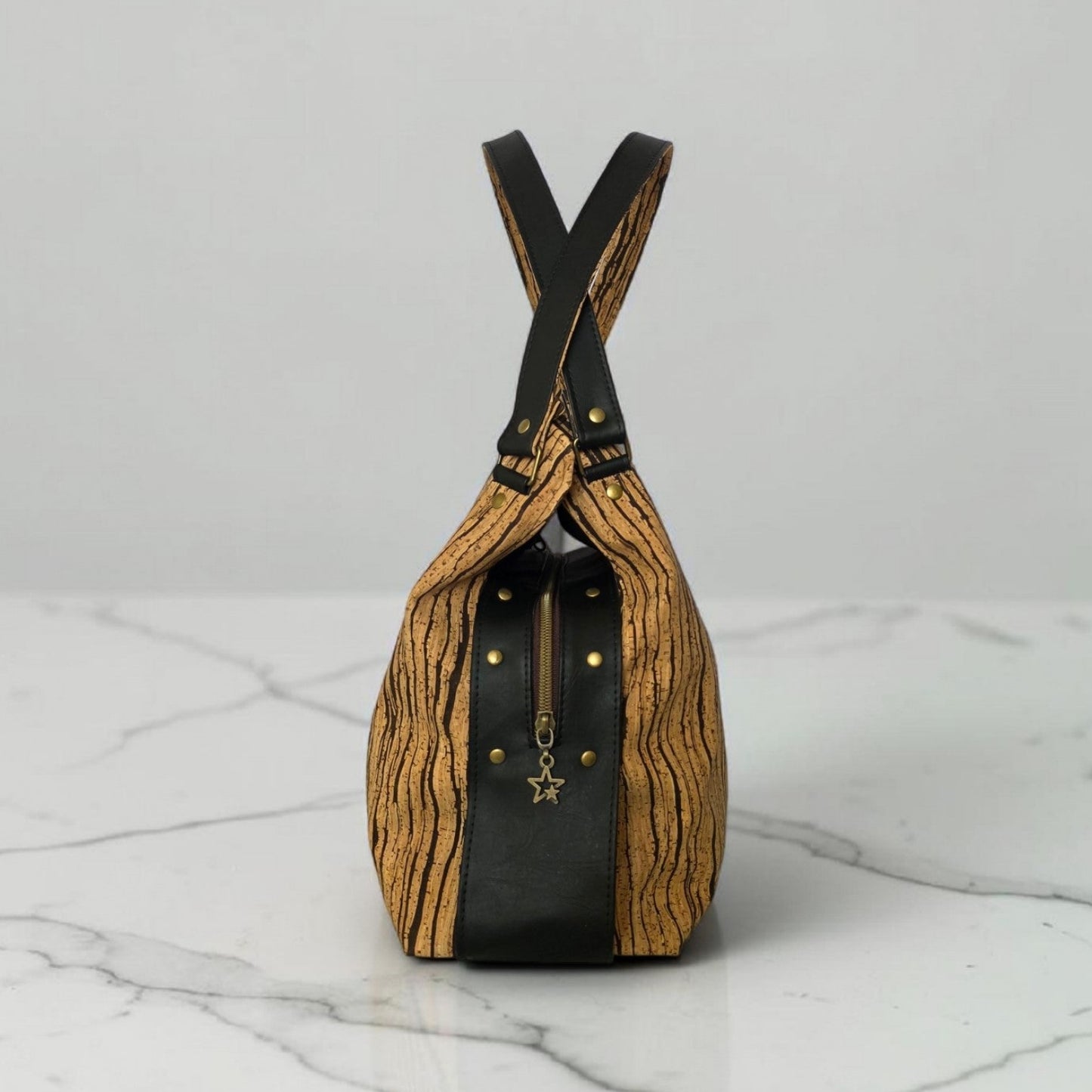 Slouchy Cork Bag with Black Faux Leather, Divided Compartment, Antique Brass Hardware