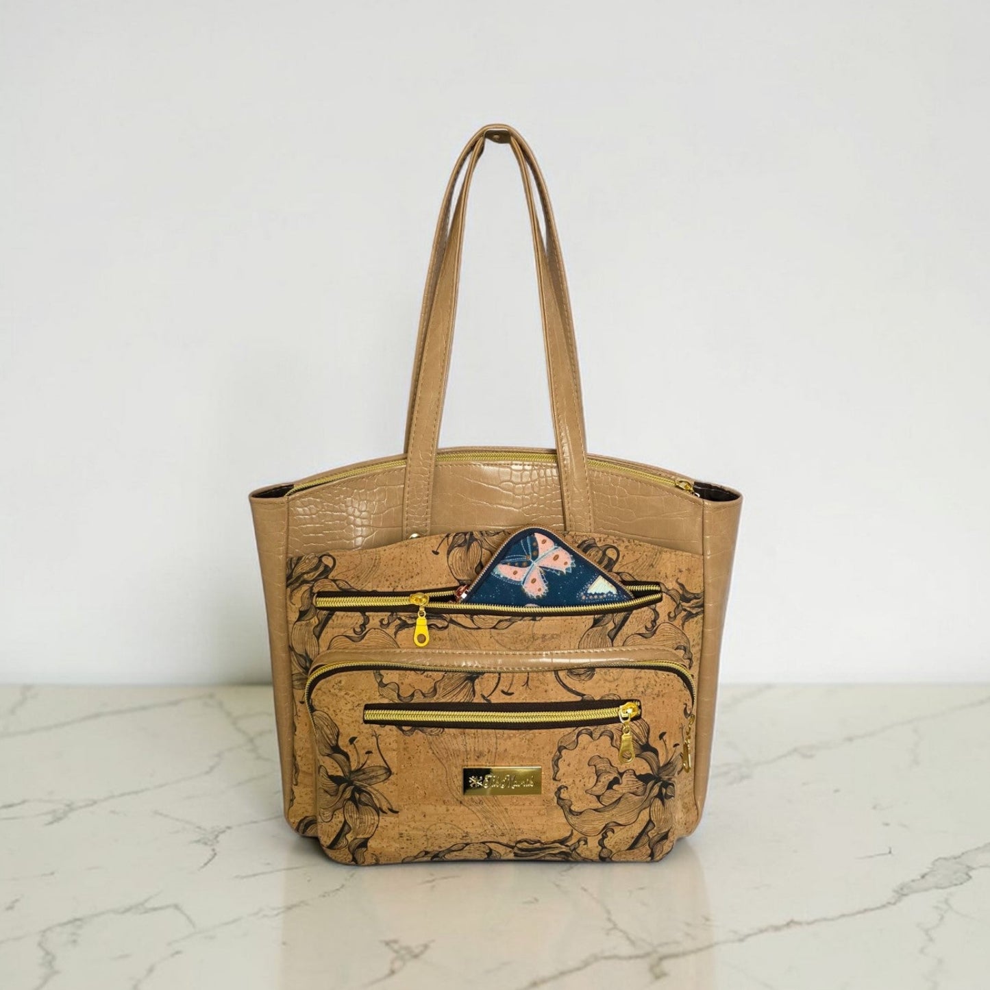 Black Floral Cork Tote Bag, Beige Vinyl Accents, Gold Hardware, Work Travel Bag