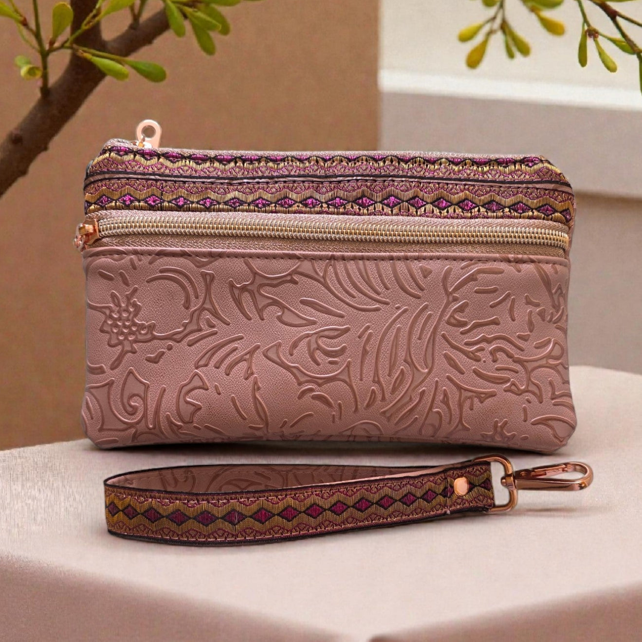 Triple Zipper Wristlet Bag